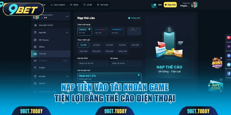Nạp tiền vào tài khoản game tiện lợi bằng thẻ cào điện thoại